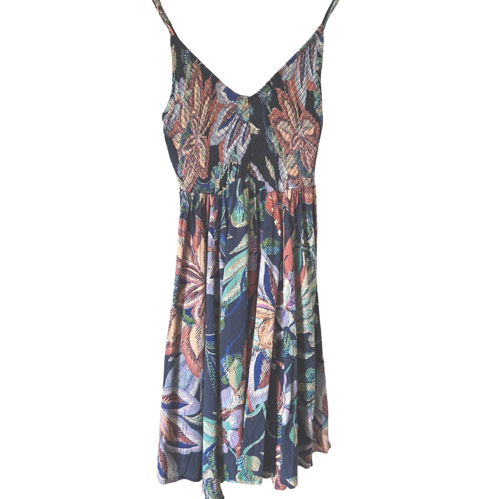 Angie Womens Small Tropical Floral Smocked Boho Rayon Mini Sun Dress Fit & Flare
